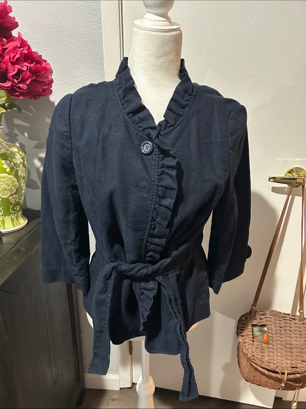 LOFT Navy Ruffle-Trim Belted Blazer